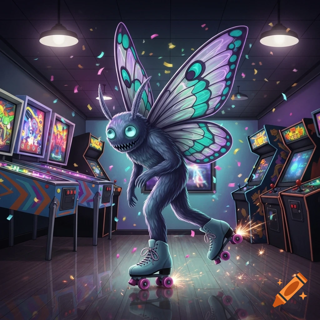 A fluffy, purple moth-like monster with glowing eyes and sharp teeth roller skates in a colorful arcade, surrounded by confetti and sparks.