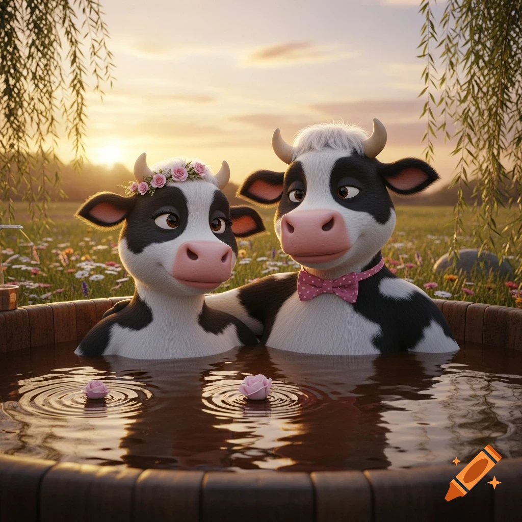 Two anthropomorphic cartoon cows in a mud hot tub with roses, one wearing a flower crown and the other a bow tie, at sunset, 3D animation.