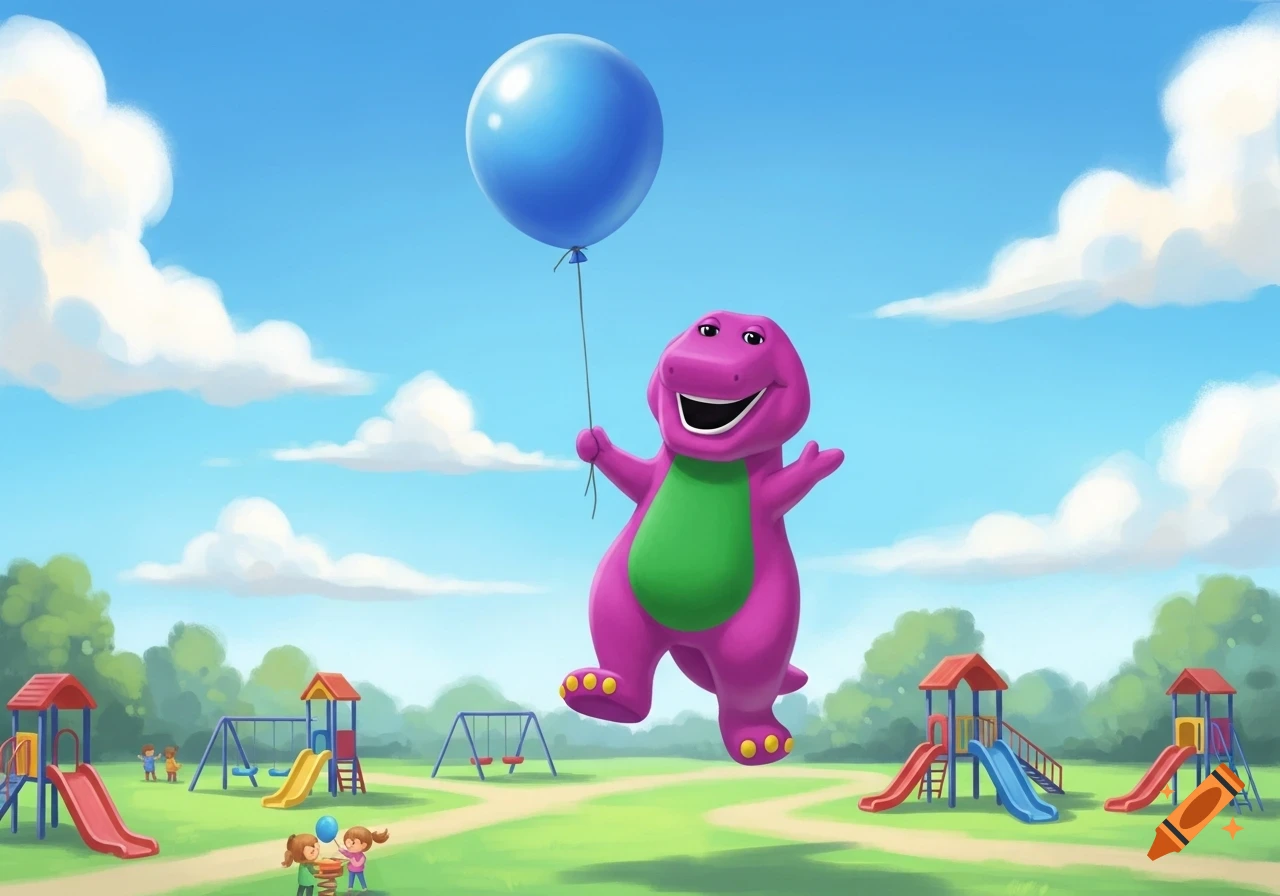 Cartoon Barney the dinosaur floats high above a green playground, holding a large blue balloon under a blue sky.