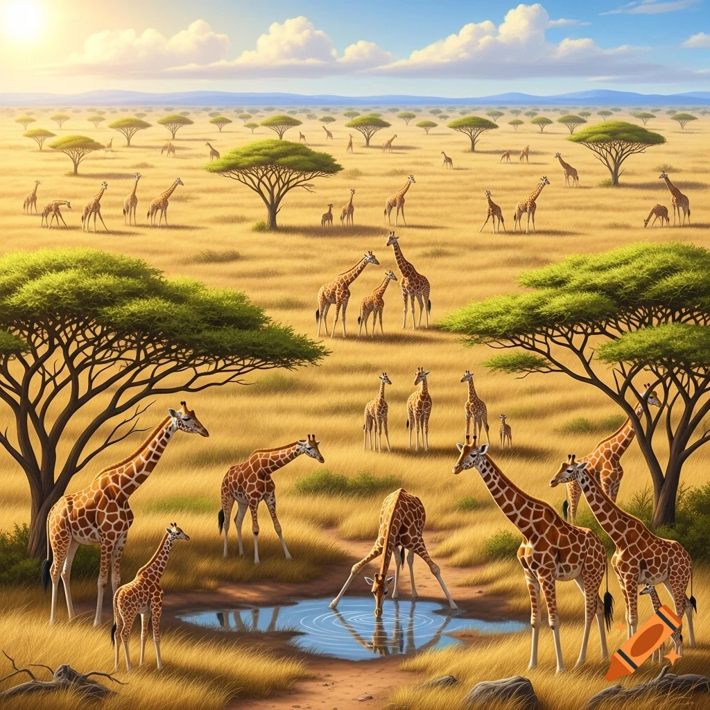 A large herd of giraffes gathers in a golden savanna landscape with scattered acacia trees under a bright, cloudy sky. Several giraffes drink from a small waterhole in the foreground.