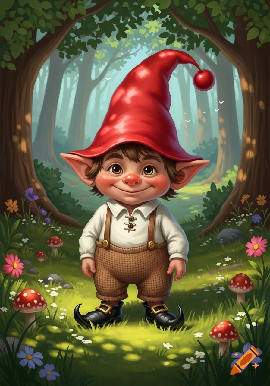 A cute, smiling gnome with a red hat and brown overalls stands in a lush, green forest with mushrooms and flowers.
