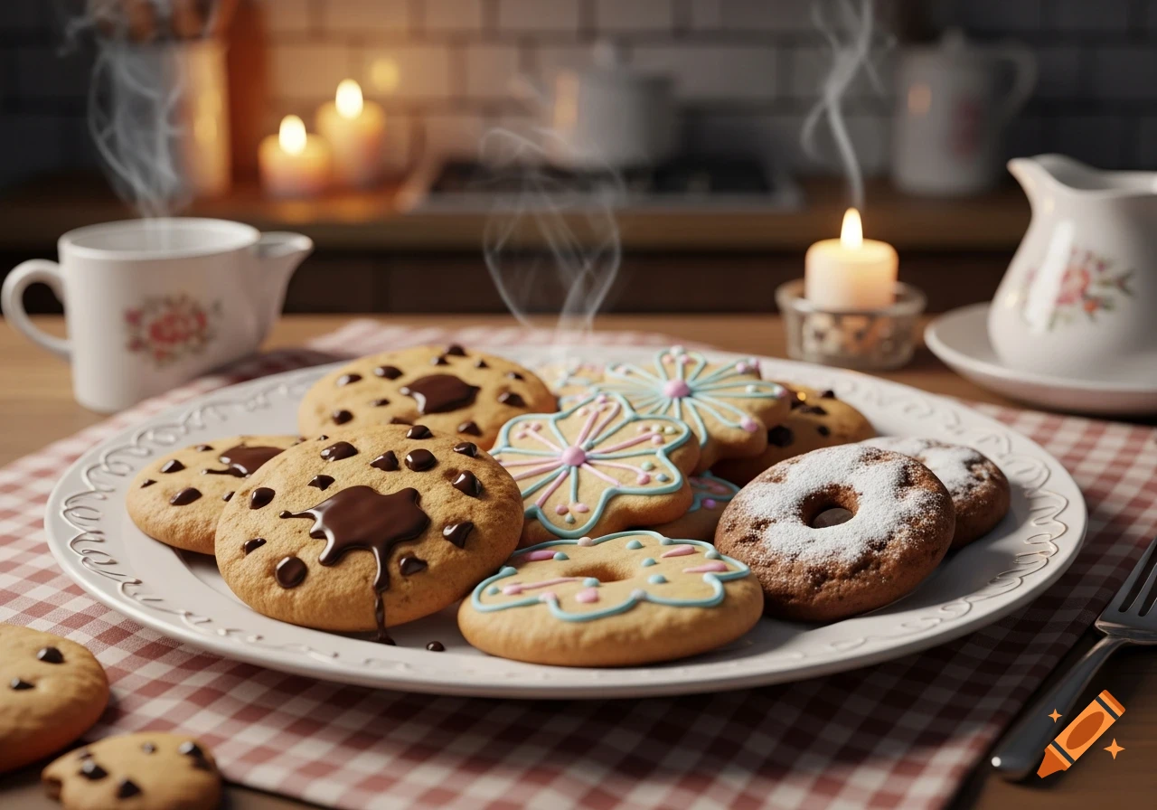 A plate of assorted cookies, including chocolate chip, frosted sugar cookies, and powdered sugar donuts, with steaming cups and candles in the background.
