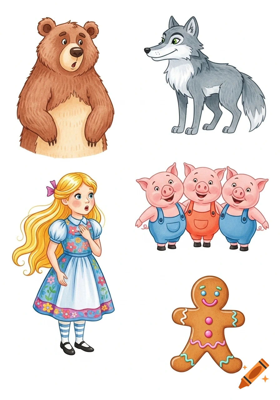 Cartoon fairy tale characters: a brown bear, grey wolf, Goldilocks, three pigs, and a gingerbread man on a white background.