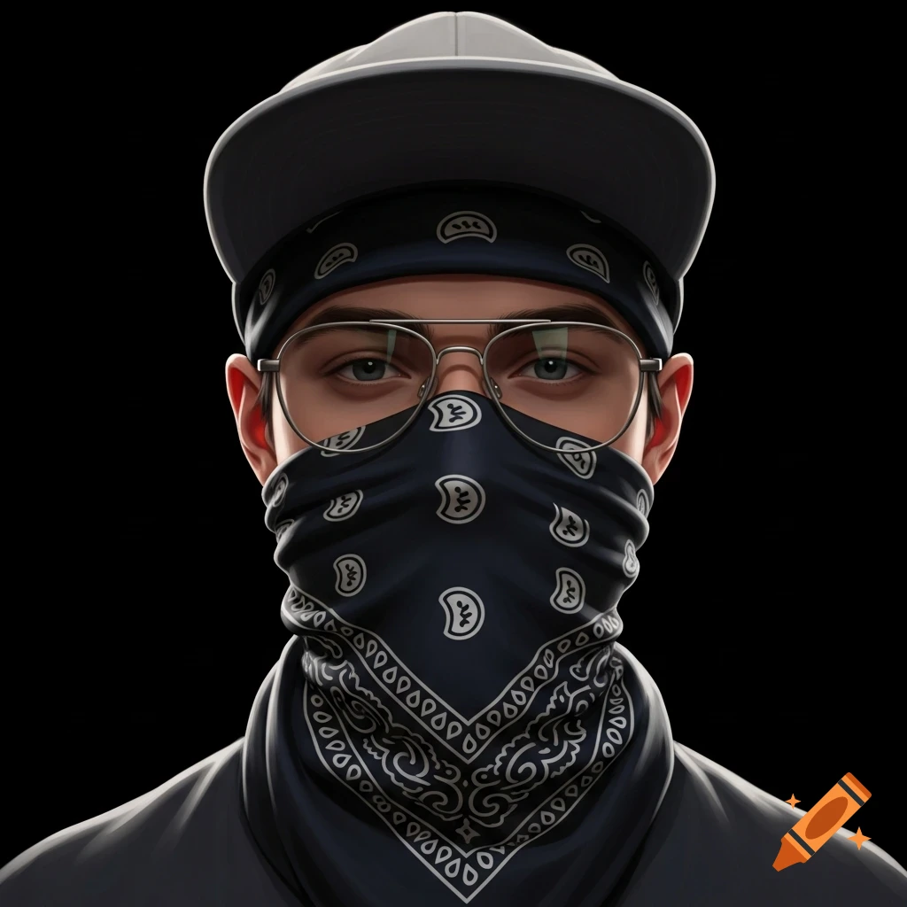 Close-up illustration of a young man wearing a grey cap, glasses, and a dark blue bandana covering his face. Black background.