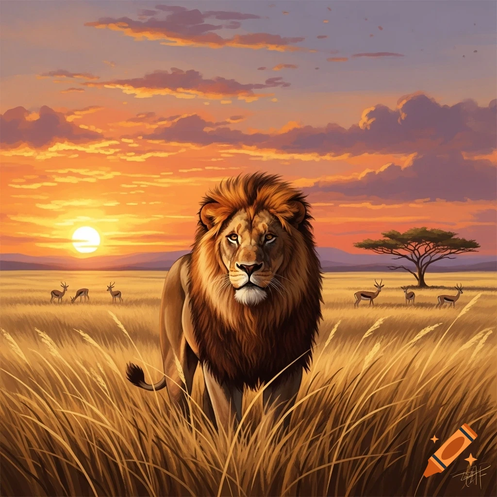 A majestic lion stands in tall grass in an African savanna at sunset, with gazelles and an acacia tree in the background.