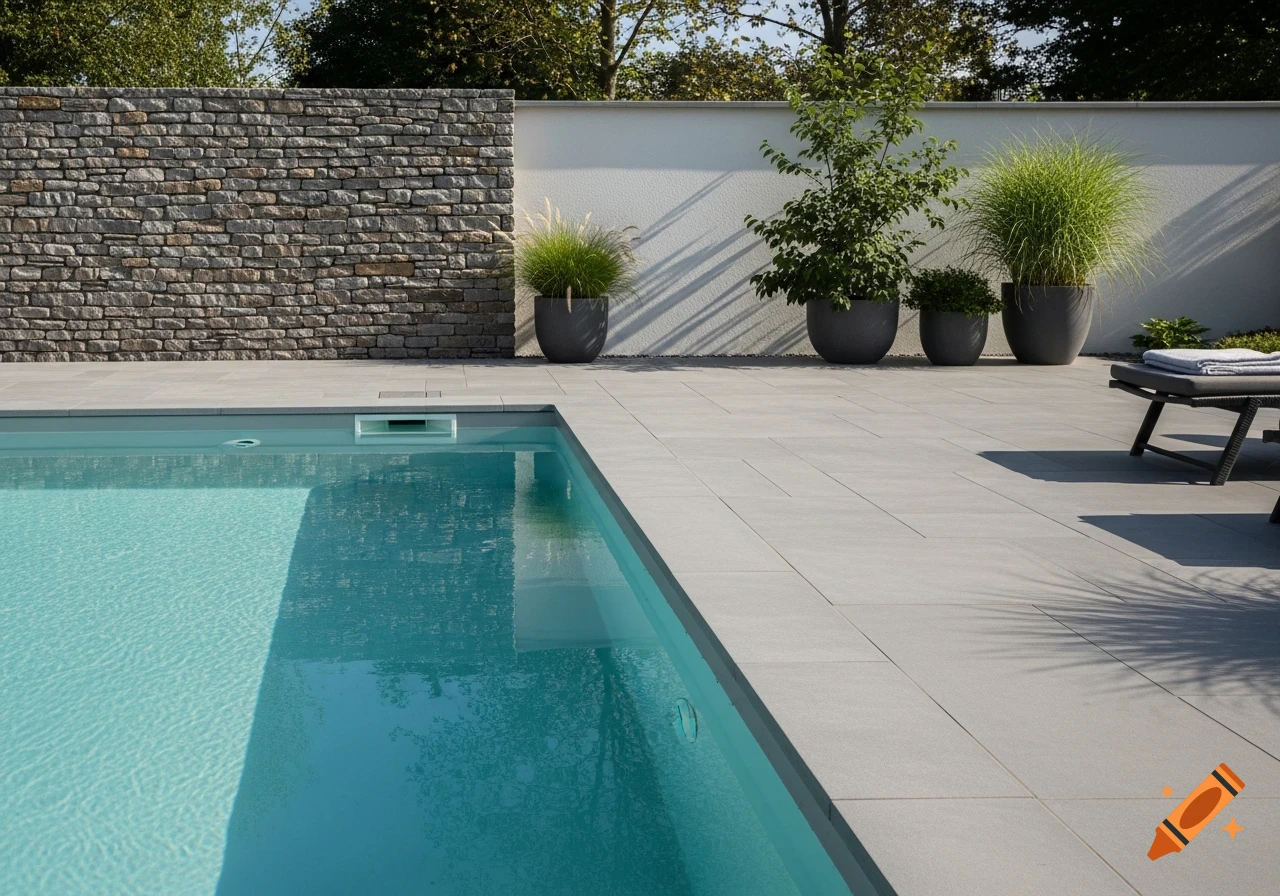 Modern outdoor swimming pool with grey patio tiles, a stone wall, potted plants, and a lounge chair under sunlight.