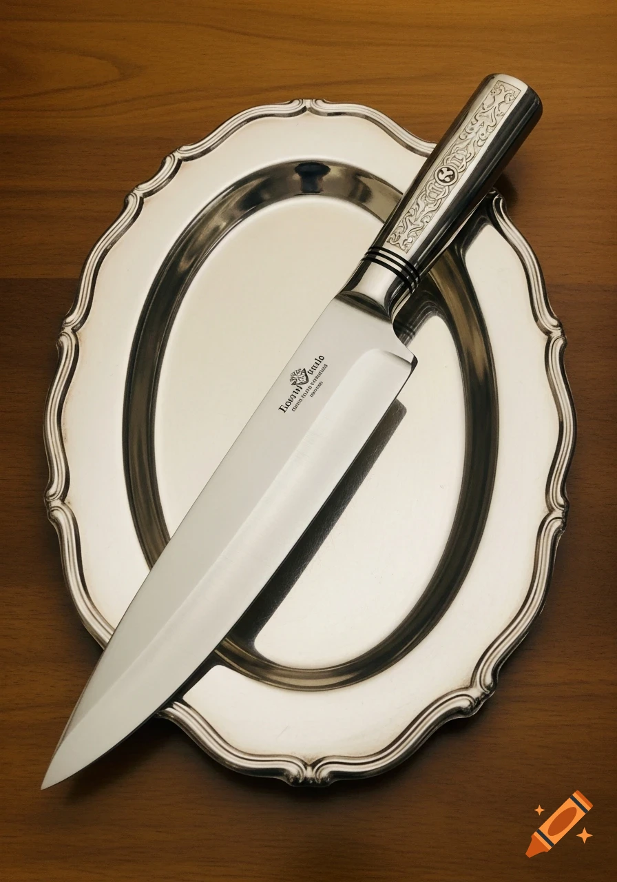A large, shiny silver knife with an ornate handle rests diagonally on a decorative silver platter, all on a wooden surface.