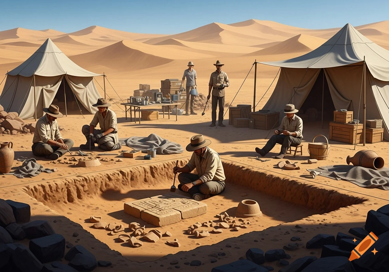 Archaeologists excavating ancient stone artifacts in a hot desert with tents and equipment under a clear blue sky.