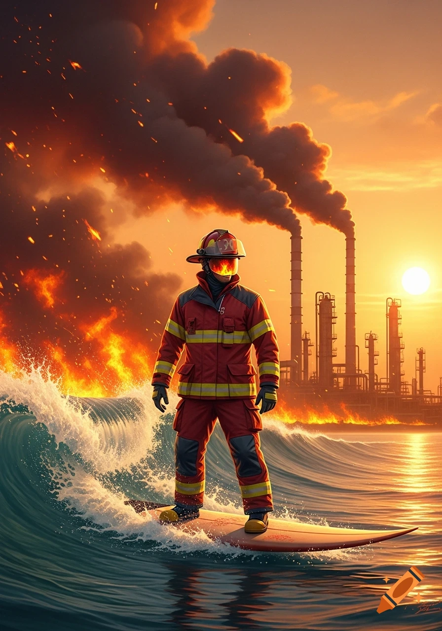 A firefighter in full gear surfs a wave as a large refinery burns in the background under a fiery sunset sky.