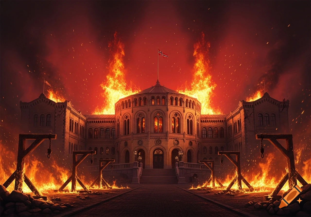 The Norwegian parliament building on fire, with three burning gallows in front, under a red, smoke-filled sky.