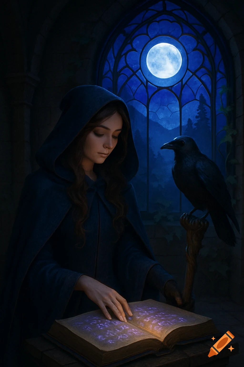 A brown-haired witch in a dark cloak reads a glowing spell book, observed by a raven on a staff, bathed in moonlight from a blue stained-glass window.