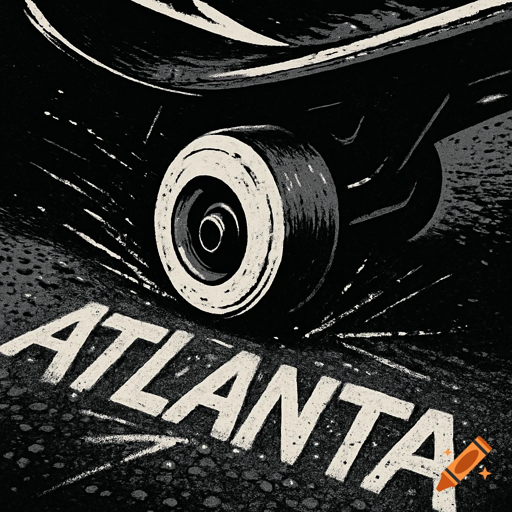 Close-up of a skateboard wheel rolling over the spray-painted word 'ATLANTA' on asphalt, in a gritty black and white urban style.