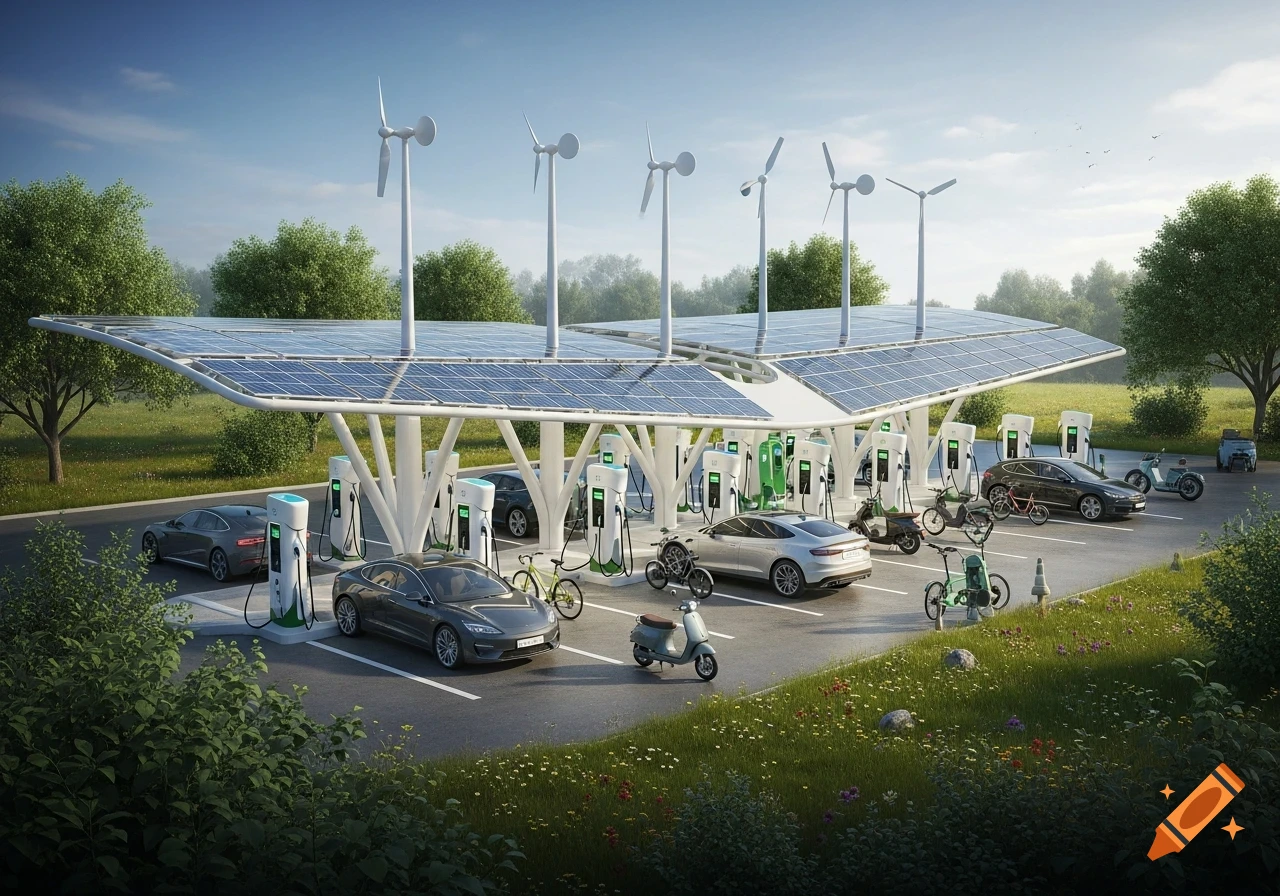 Photorealistic image of a futuristic electric vehicle charging station with solar panels, wind turbines, cars, e-bikes, and scooters surrounded by green fields.