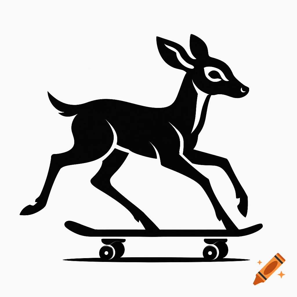 Black silhouette of a fawn running on a skateboard, in a clean, minimalist logo style.
