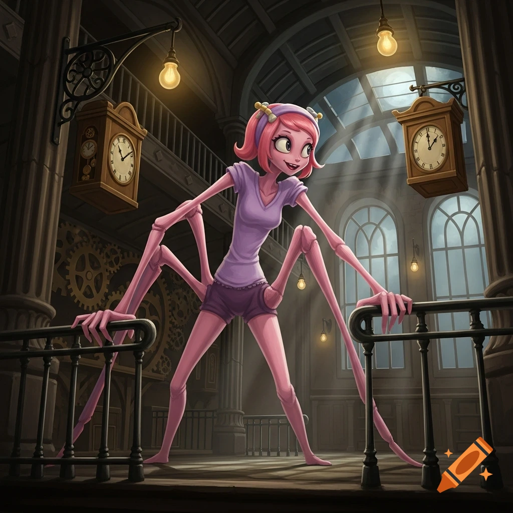 Pink Mommy Long Legs, a spider-like character, stands in a stylized steampunk train station with clocks and arched windows.