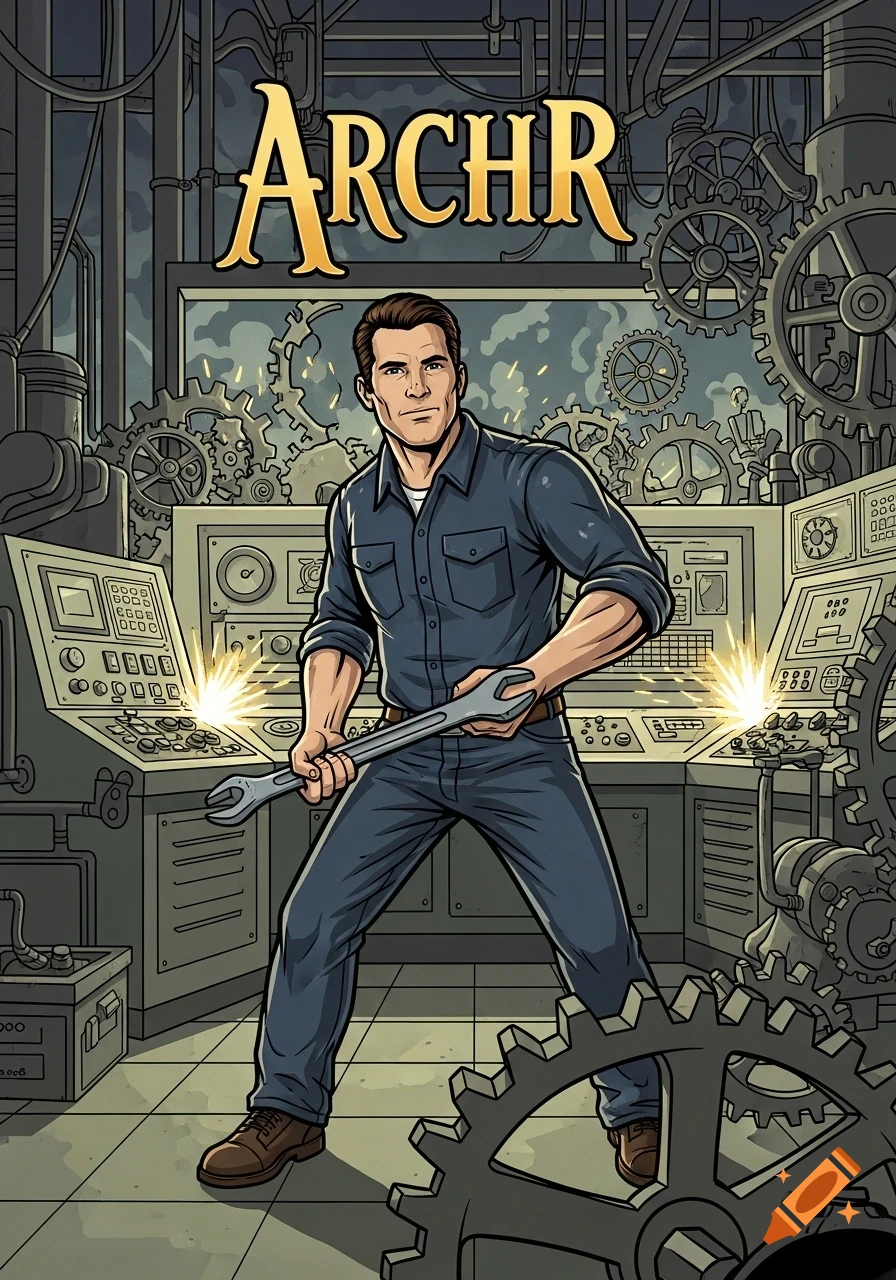 Cartoon-style mechanic holding a wrench in a factory control room with sparks and gears, title "ARCHR".