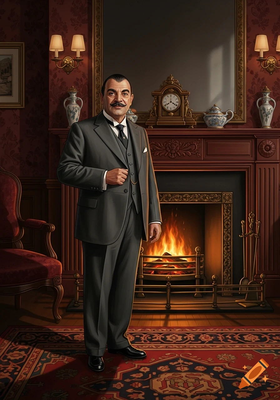 A man resembling Hercule Poirot, with a mustache and suit, stands in a richly decorated room with a fireplace.