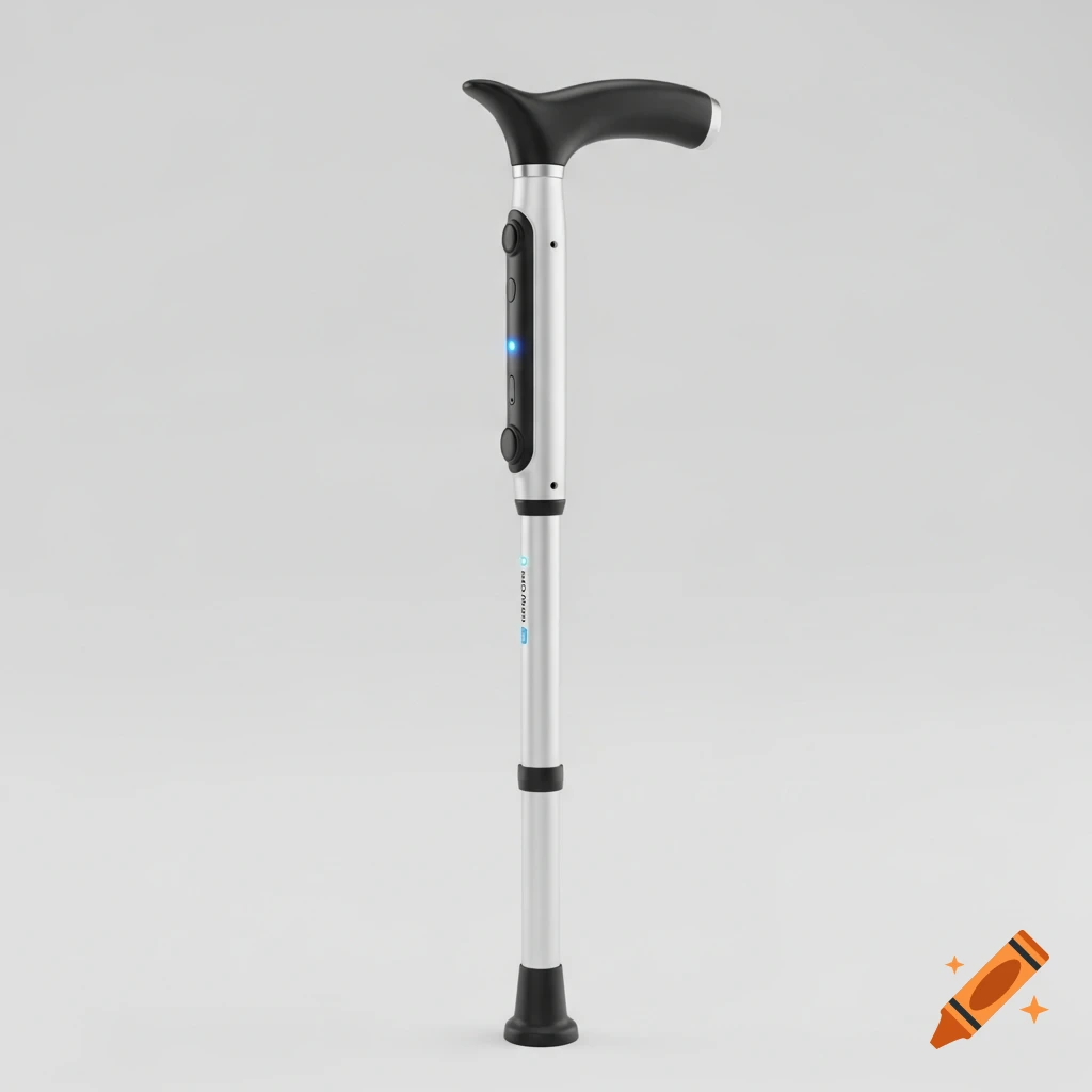 A modern silver smart walking stick with a black handle, control buttons, and a blue indicator light, on a white background.