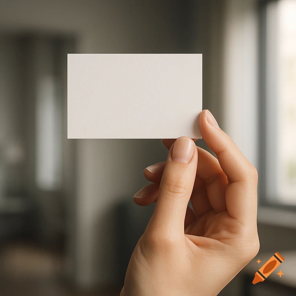 A hand holding a blank white business card against a blurred background, perfect for a mockup.