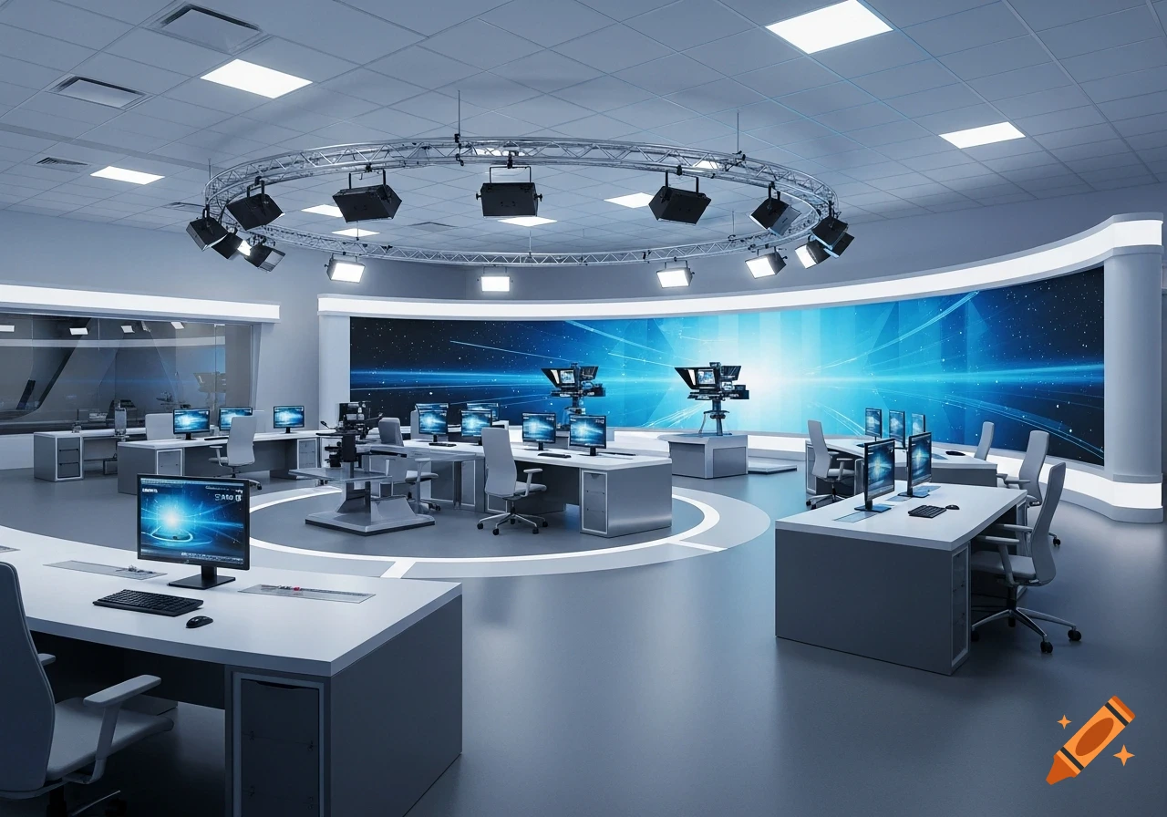 A modern, empty broadcast studio with multiple computer workstations, a large curved video wall displaying abstract blue graphics, and an overhead circular lighting rig.