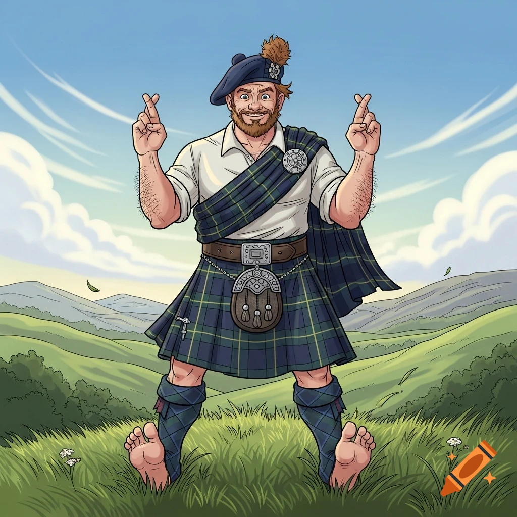 Cartoon illustration of a smiling Scottish man in a kilt, crossing his fingers and toes, standing in a green, rolling landscape.