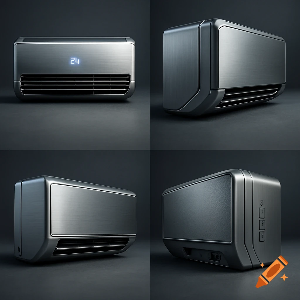 Four panels display various angles of a modern, silver, wall-mounted air conditioner unit on a dark background, one showing a '24' digital display.