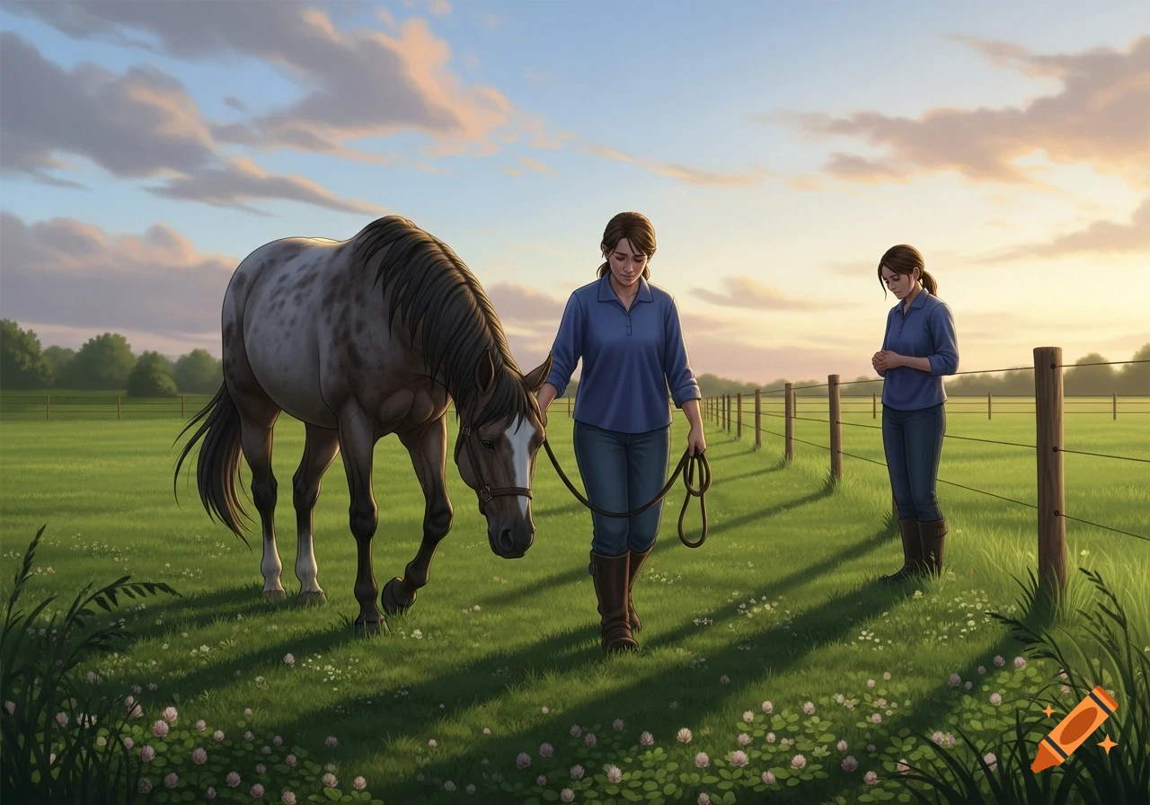 A woman leads a brown and white speckled horse through a grassy pasture at sunset, while another woman stands sadly by a fence.