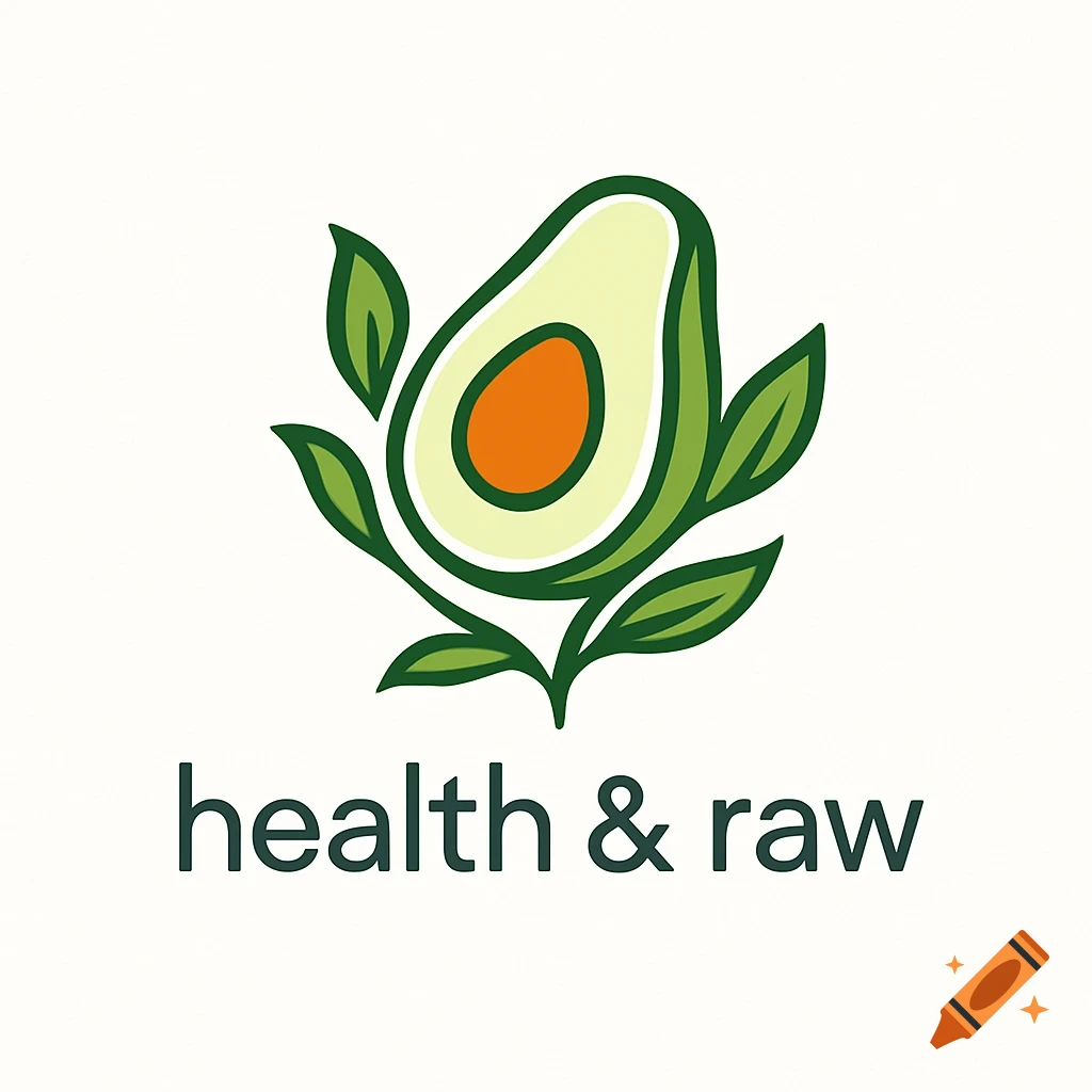A stylized logo featuring a half avocado with a seed surrounded by green leaves, with the text 'health & raw' below.