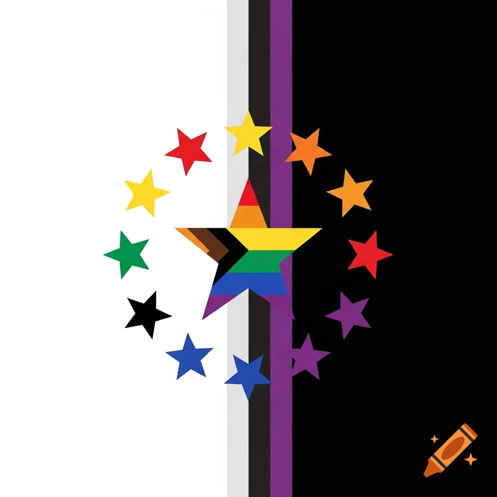 A stylized flag with a vertical white and black background, a central star in progress pride colors, and a circle of ten colorful stars.