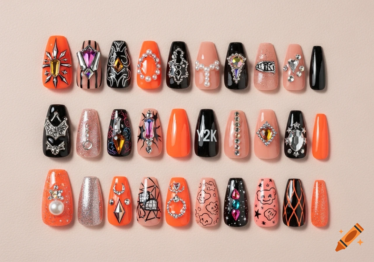 A flat lay of 30 unique press-on nail designs in shades of orange, black, and nude, featuring rhinestones, pearls, glitter, and various themed patterns, including 'Y2K' text.
