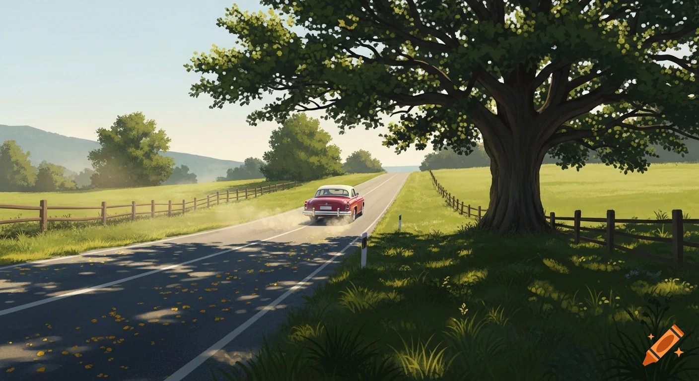 A red vintage car drives up a winding road through a sunny green landscape with a large tree in an illustrative style.