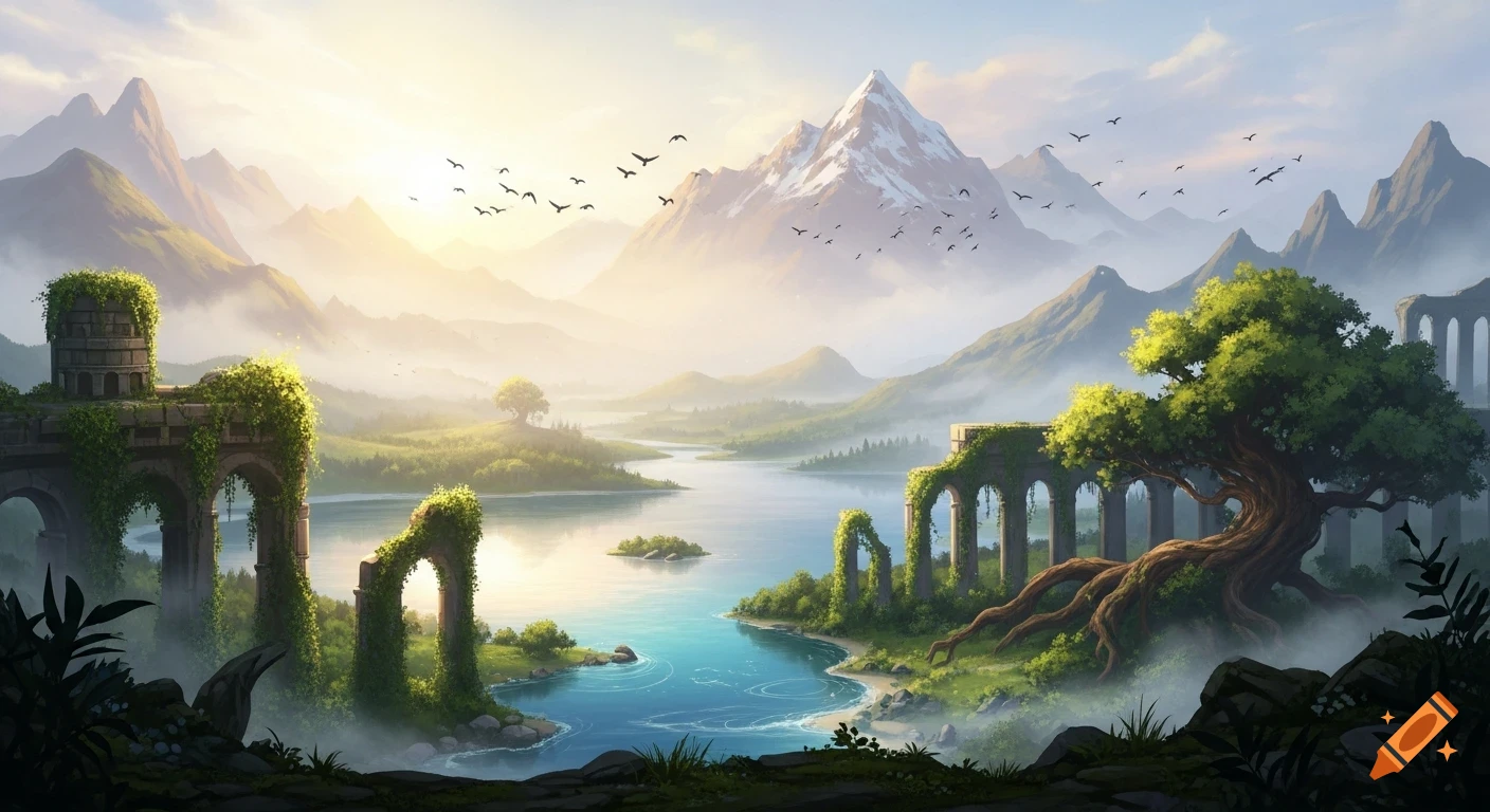 A vibrant fantasy landscape with ancient moss-covered ruins by a tranquil lake, surrounded by majestic mountains, under a bright, misty sky with birds flying.