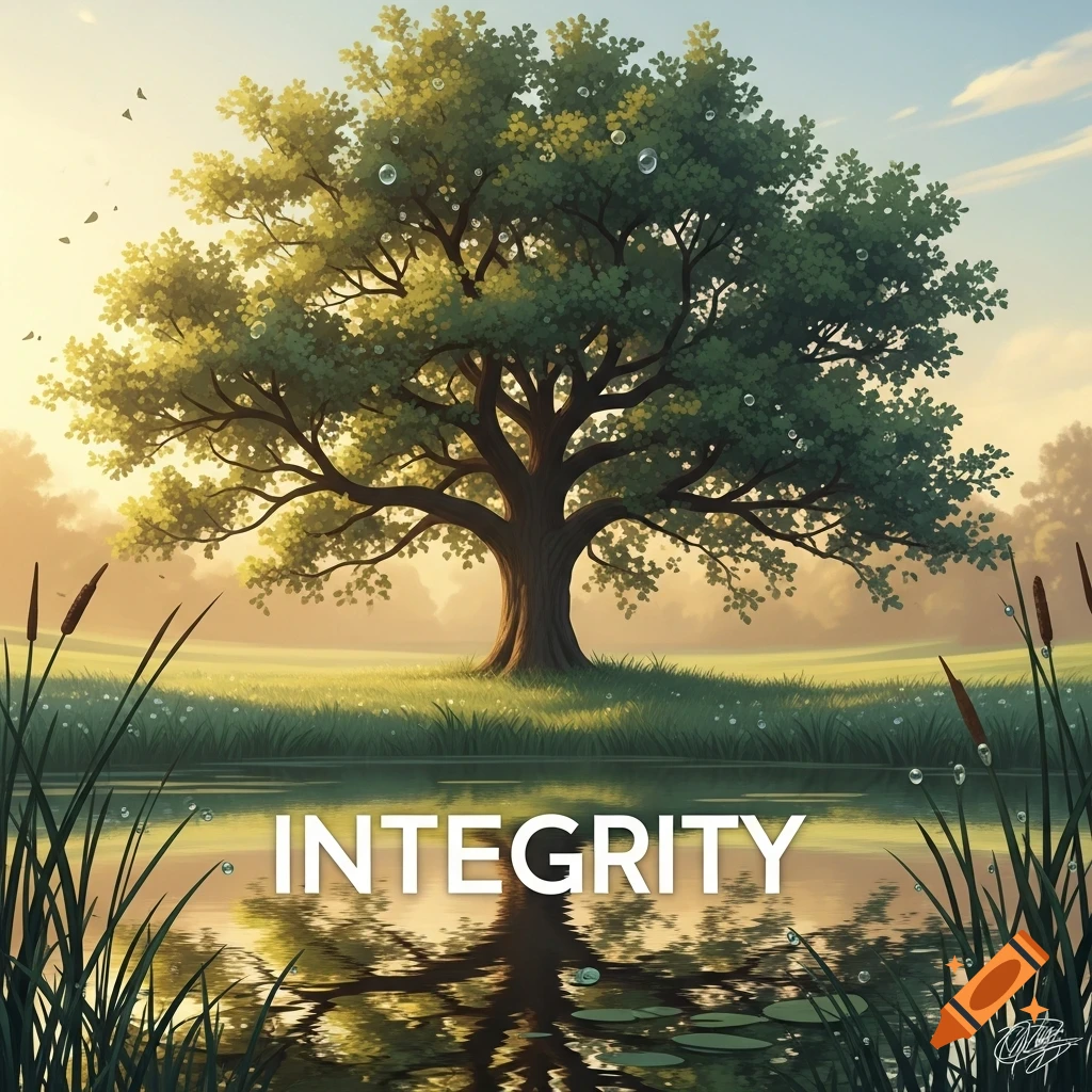 A vibrant green tree by a serene pond reflects the word 'INTEGRITY' at sunrise in a grassy field.