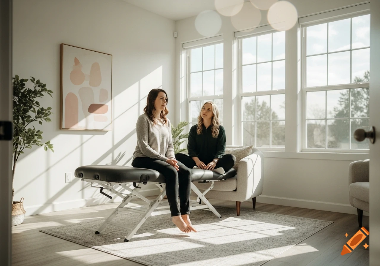 Two women, one on a massage table and one on a chair, in a brightly lit modern therapy room with large windows.