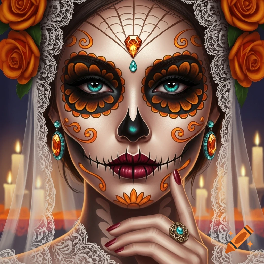 A woman with intricate Dia de los Muertos sugar skull makeup, wearing a lace veil, orange roses, and a ring, holding a finger to her lips.
