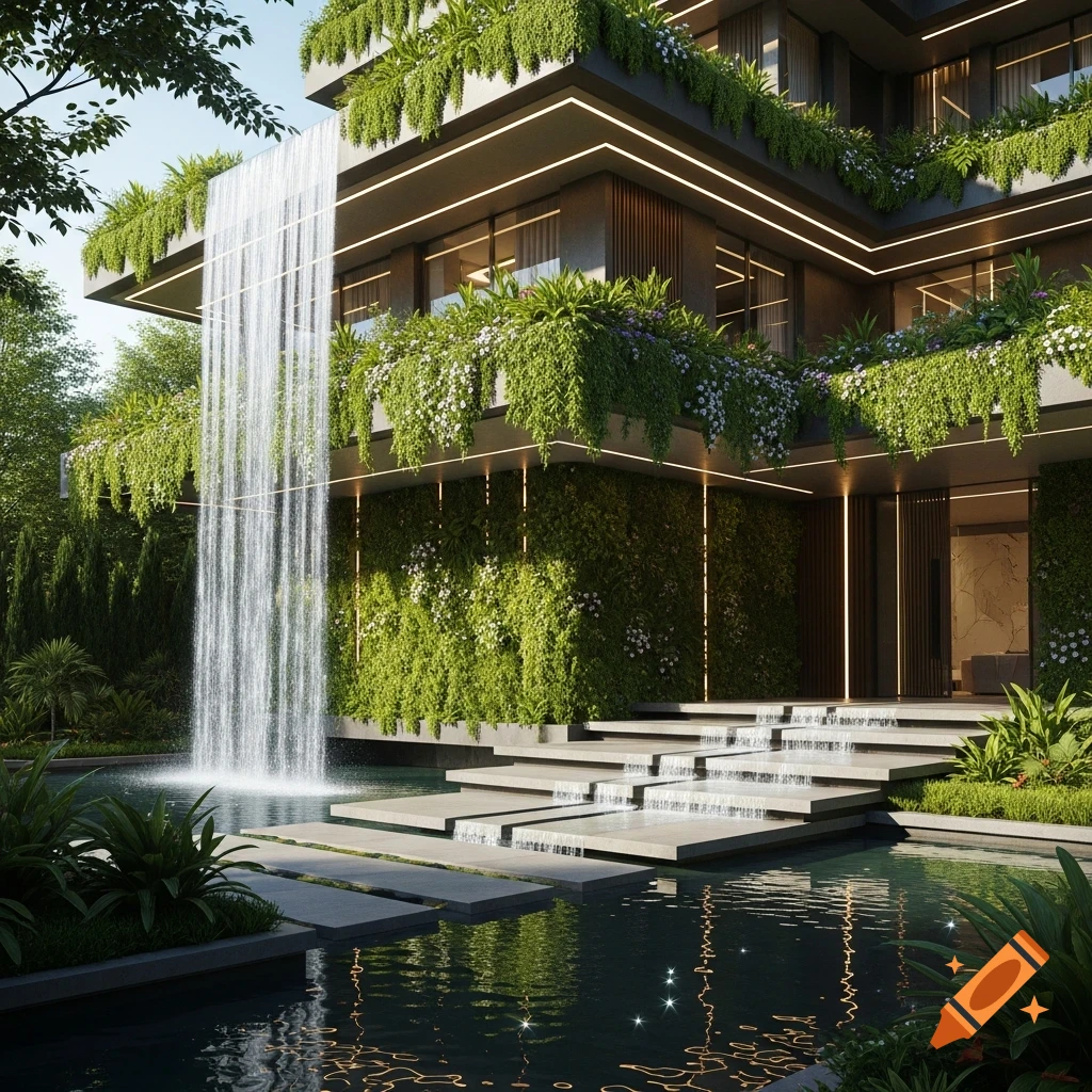 A modern, multi-story building covered in lush greenery with a large waterfall cascading down one side into a pool with steps.