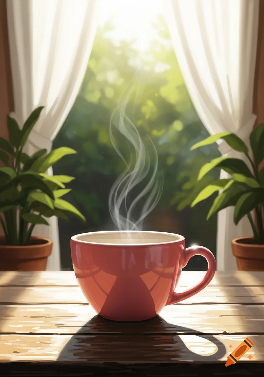 A pink coffee cup steaming on a wooden table, bathed in sunlight from a window with white curtains and green plants, in an illustrative style.
