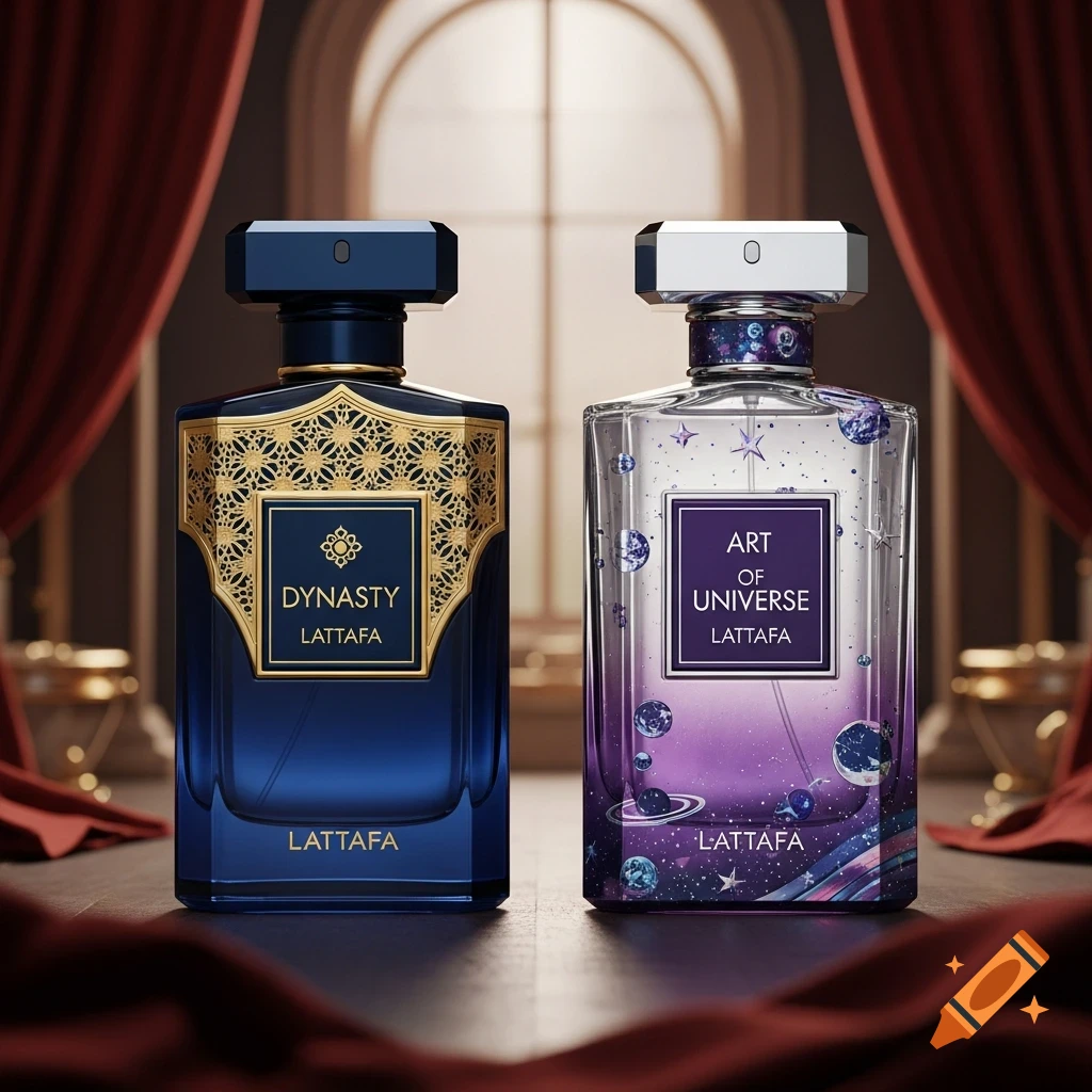 Two perfume bottles, one blue and gold labeled 'Dynasty Lattafa', and one clear and purple with a galaxy design labeled 'Art of Universe Lattafa', stand side-by-side on a dark surface with red drapes in the background.