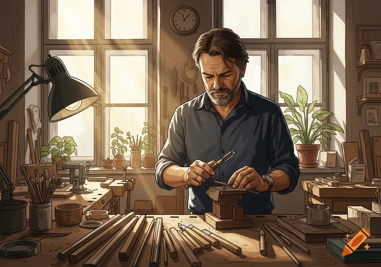 A bearded man in a workshop carving wood, with sunlight streaming through large windows. The image is a detailed illustration.