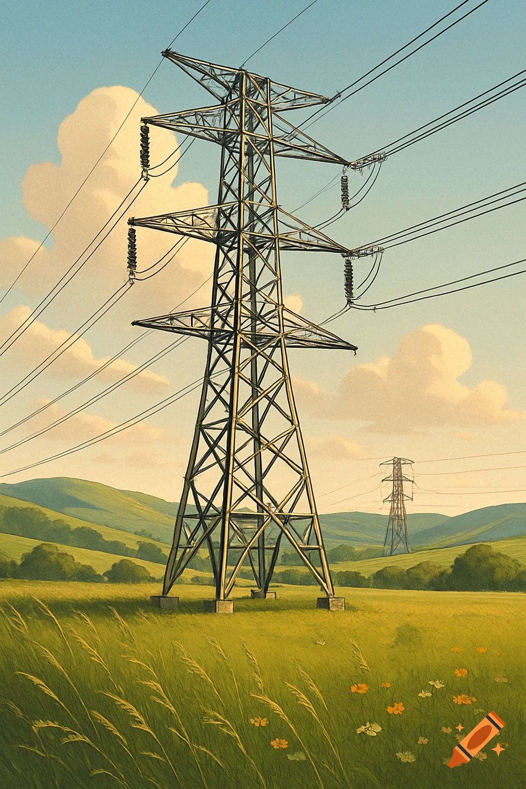 A drawing of a large electricity pylon in a green, grassy field with rolling hills and another pylon in the distance under a blue sky.