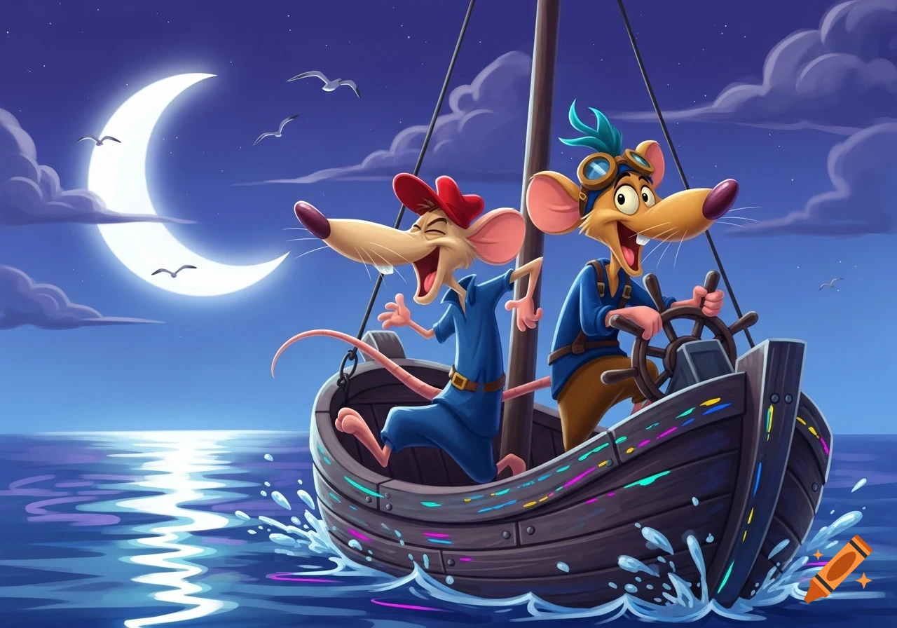 Two cheerful cartoon mice sail a wooden boat at night under a crescent moon, with stars and seagulls. Animated style.