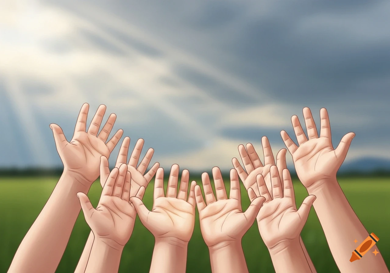 Illustrated hands reaching up towards a cloudy sky with sunrays over a green field.