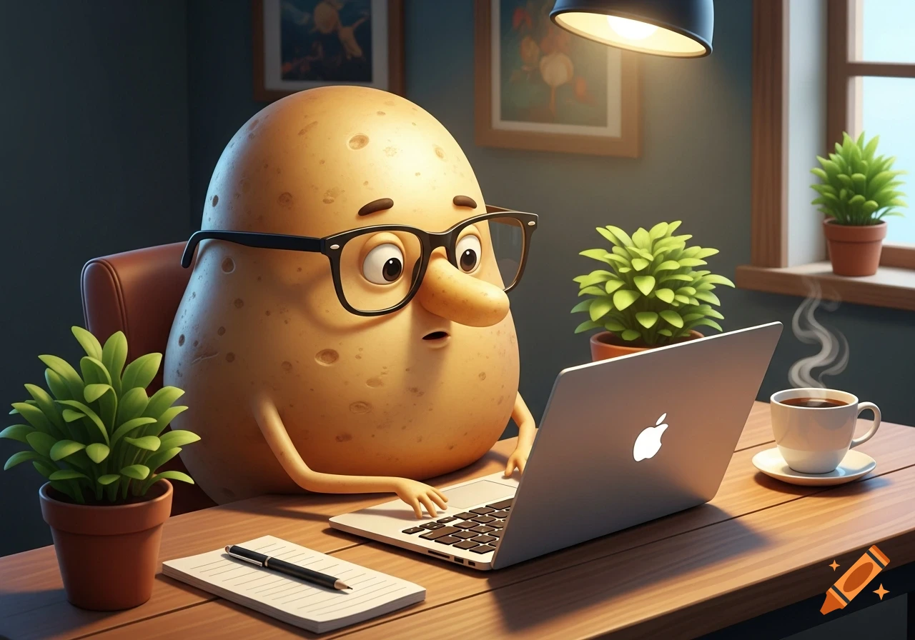 A surprised-looking cartoon potato with glasses sits at a desk, typing on a laptop, surrounded by potted plants and coffee.