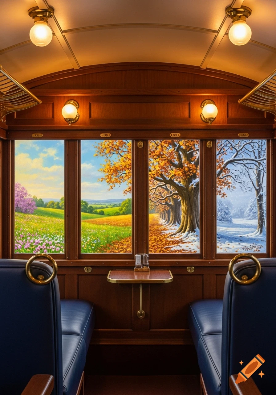 View from inside a luxurious wooden train carriage with blue seats, showing four windows displaying landscapes of spring, summer, autumn, and winter in an oil painting style.