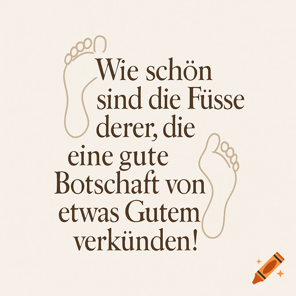 German quote 'Wie schön sind die Füsse derer, die eine gute Botschaft von etwas Gutem verkünden!' with two outlined foot illustrations on a light background.