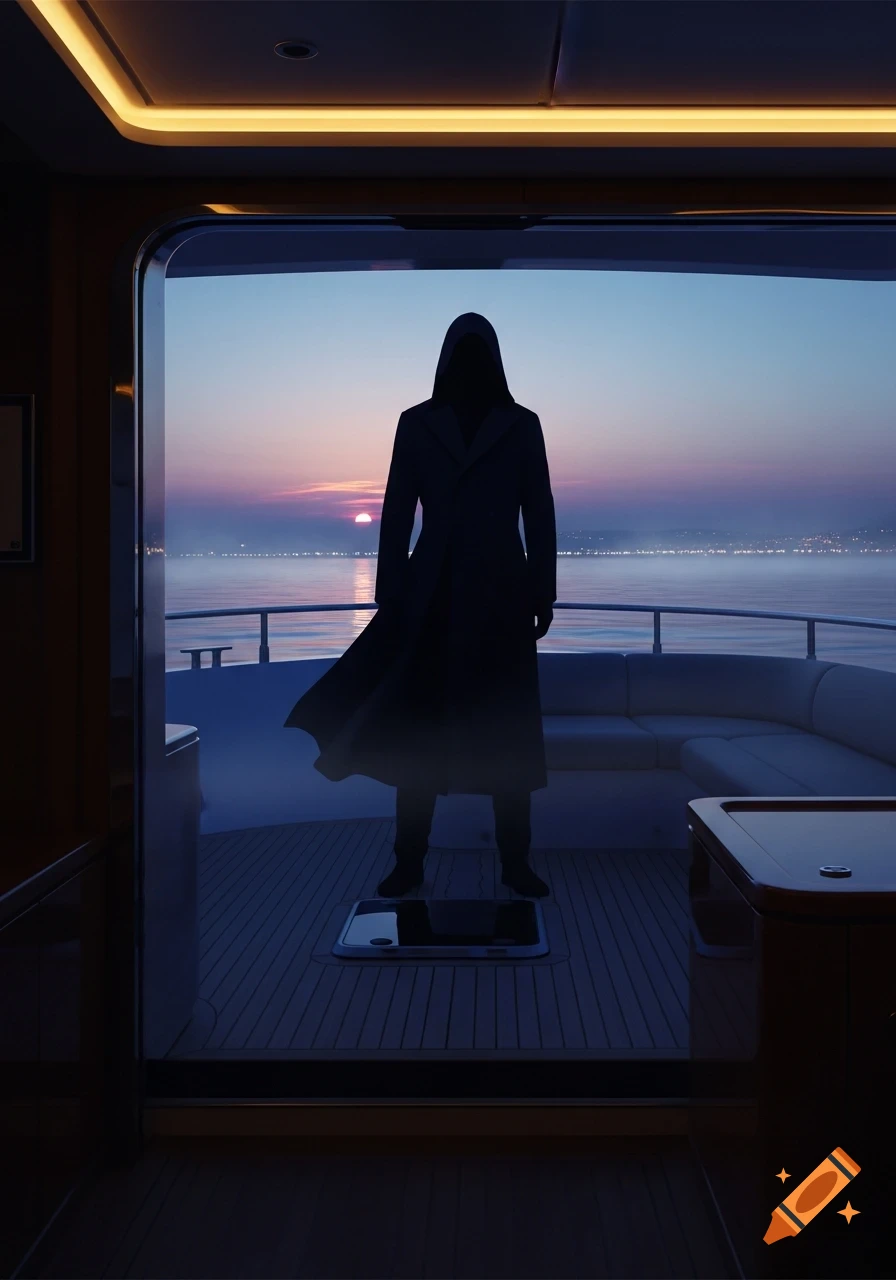 Mysterious hooded silhouette on a yacht at sunset, overlooking the sea and distant city lights.
