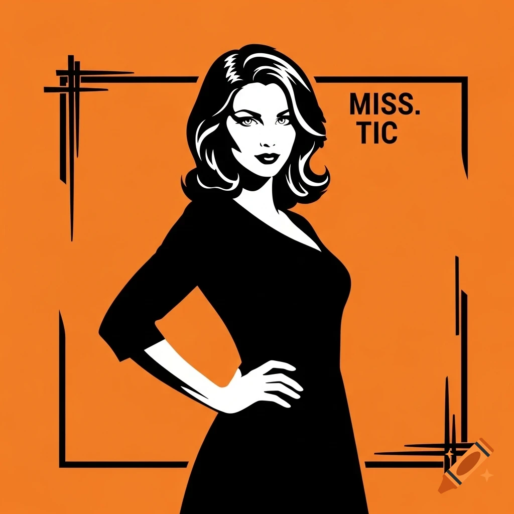 Stylized graphic art of a woman in a black dress, hand on hip, against an orange background with "MISS. TIC" text.