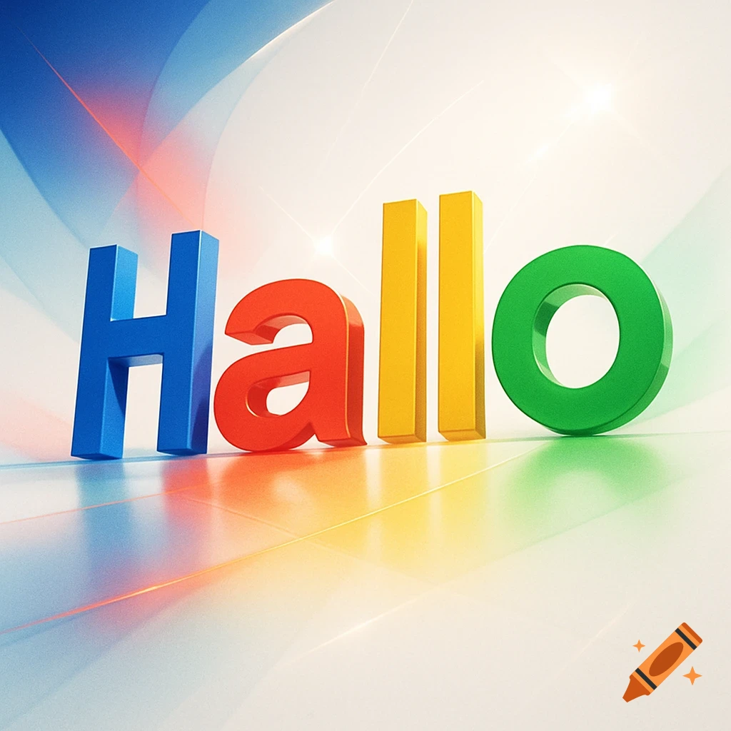 Colorful 3D block letters spelling 'Hallo' with reflections on a bright surface and an abstract background.