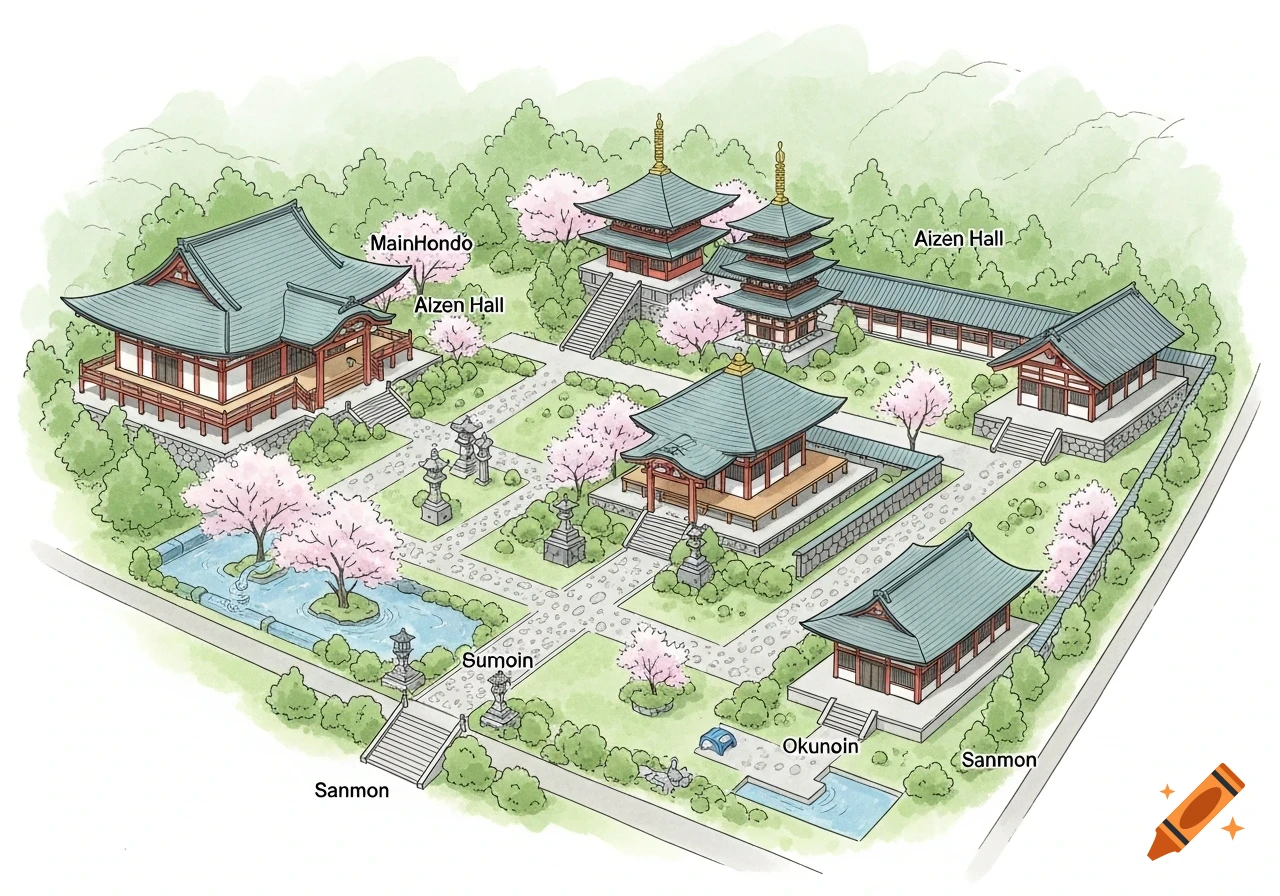 A hand-drawn watercolor illustration of a Japanese temple complex from a bird's-eye view, featuring various halls, pagodas, gardens, and paths with pink cherry blossom trees.