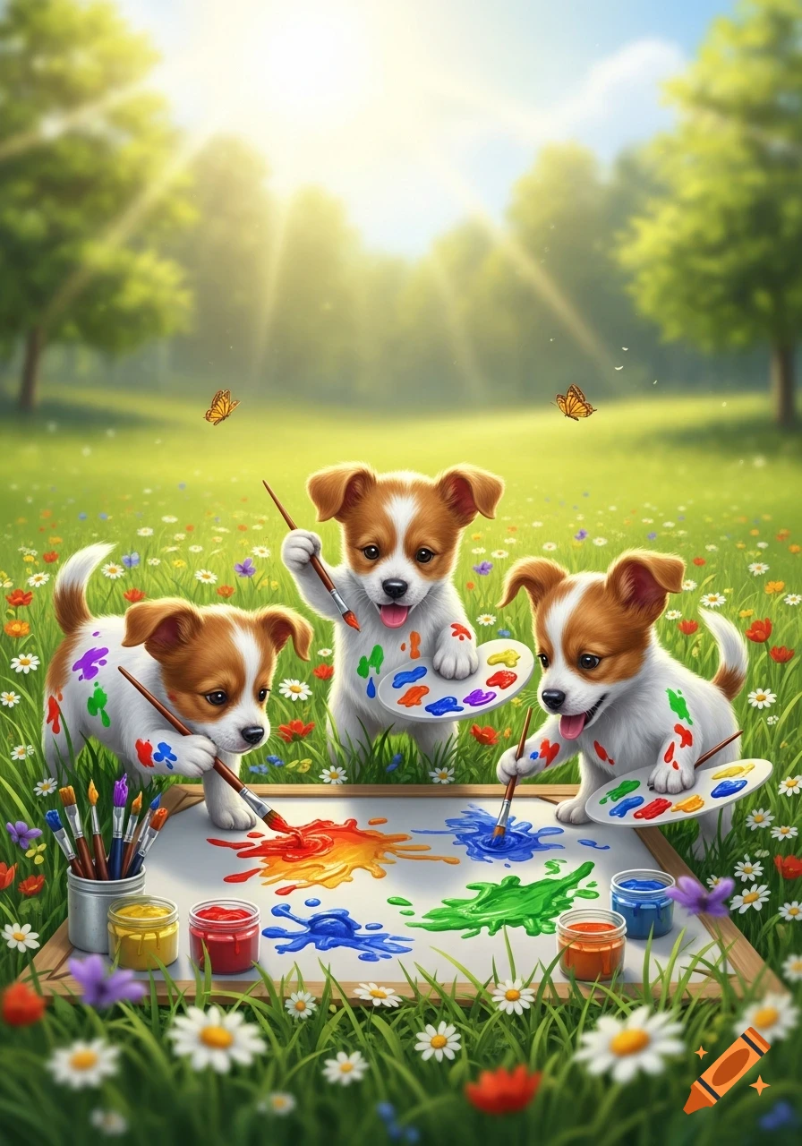 Three adorable puppies covered in colorful paint, holding brushes and palettes, painting on a canvas in a sunny field.